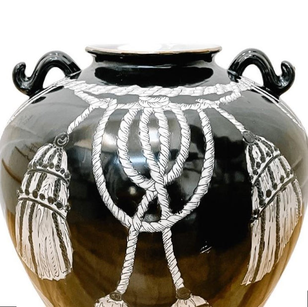 Vintage Chinese Export Black Greek Urn With White Tassels