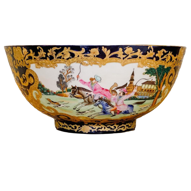 Vintage Chinese Export Hunting Scene Punch Bowl