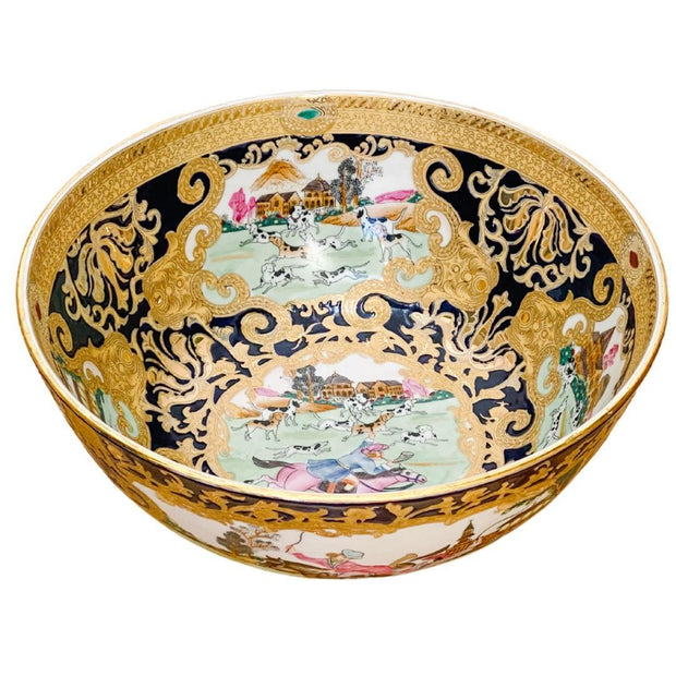 Vintage Chinese Export Hunting Scene Centerpiece Bowl