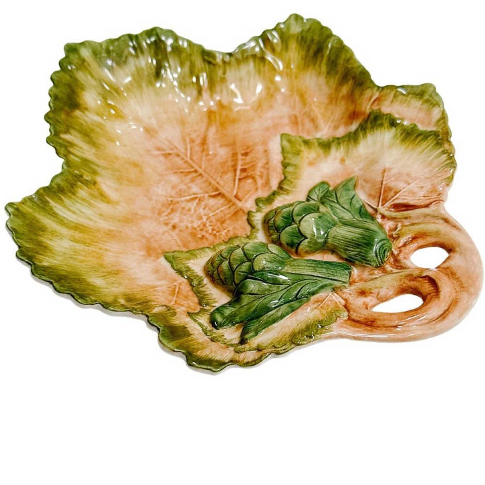 Italian Majolica Maple Leaf Plate With Artichoke Globes