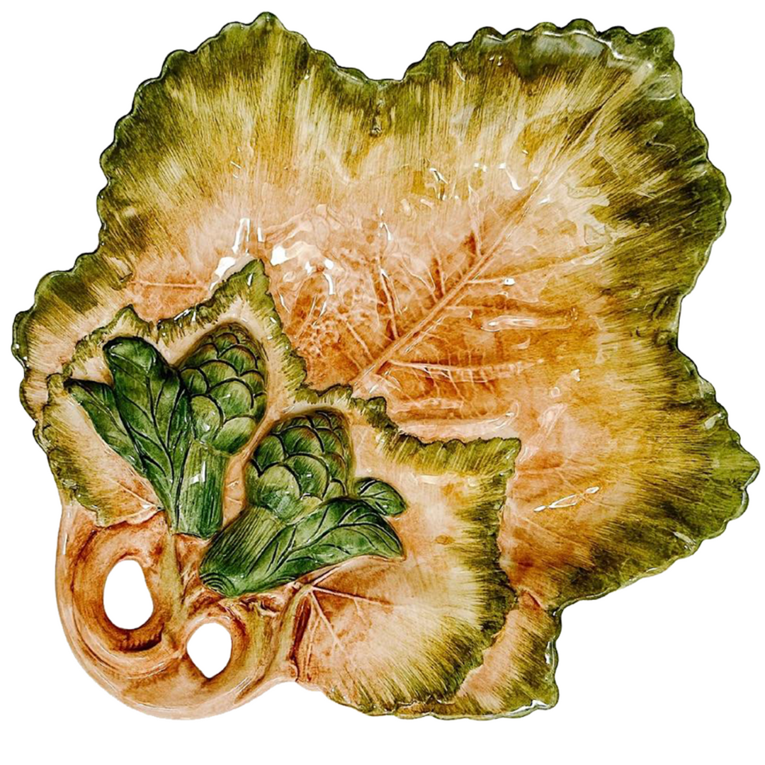 Italian Majolica Maple Leaf Plate With Artichoke Globes
