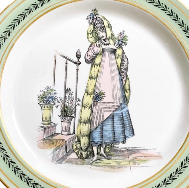 Regency Style Italian Mottahedeh Creil Green Rimmed Plates
