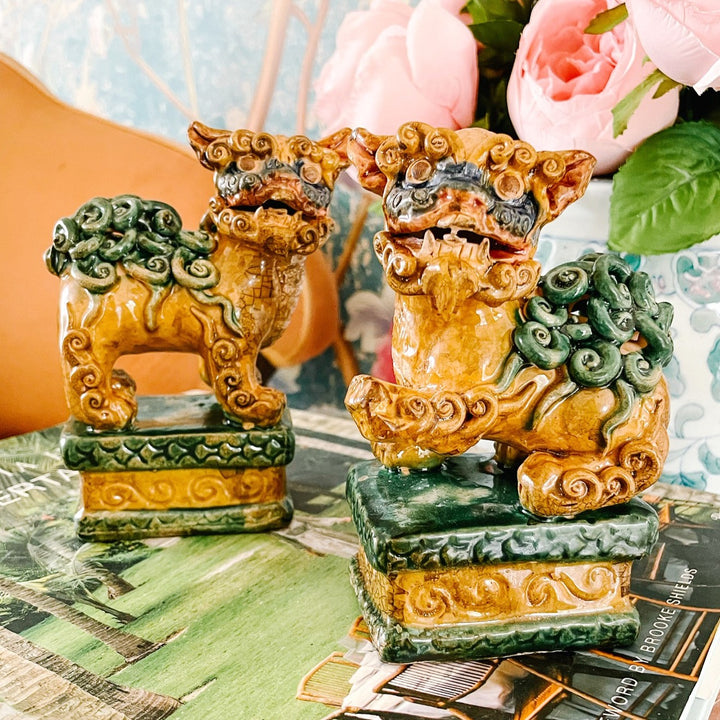 Pair Of 5.5” Brown & Green Glazed Foo Dogs On Pedestal