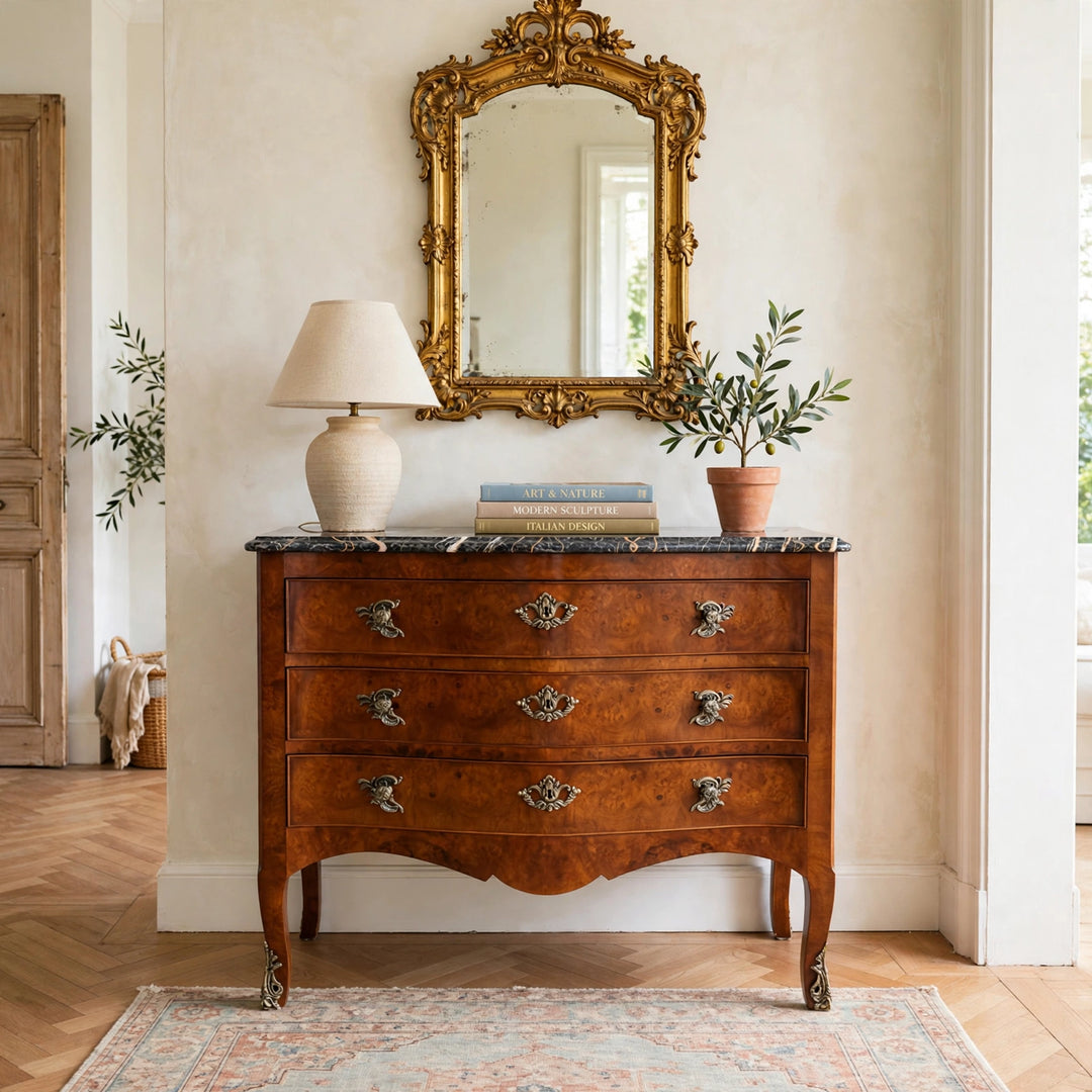 Henredon Villandry French Provincial Louis XV Burl Wood Italian Marble Top Bombe Chest - 3 Drawer Serpentine Commode