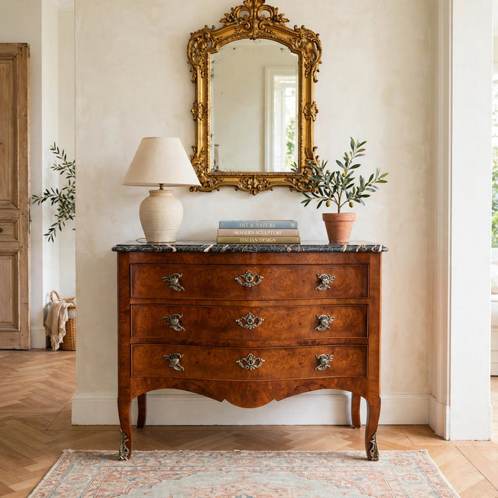 Henredon Villandry French Provincial Louis XV Burl Wood Italian Marble Top Bombe Chest - 3 Drawer Serpentine Commode