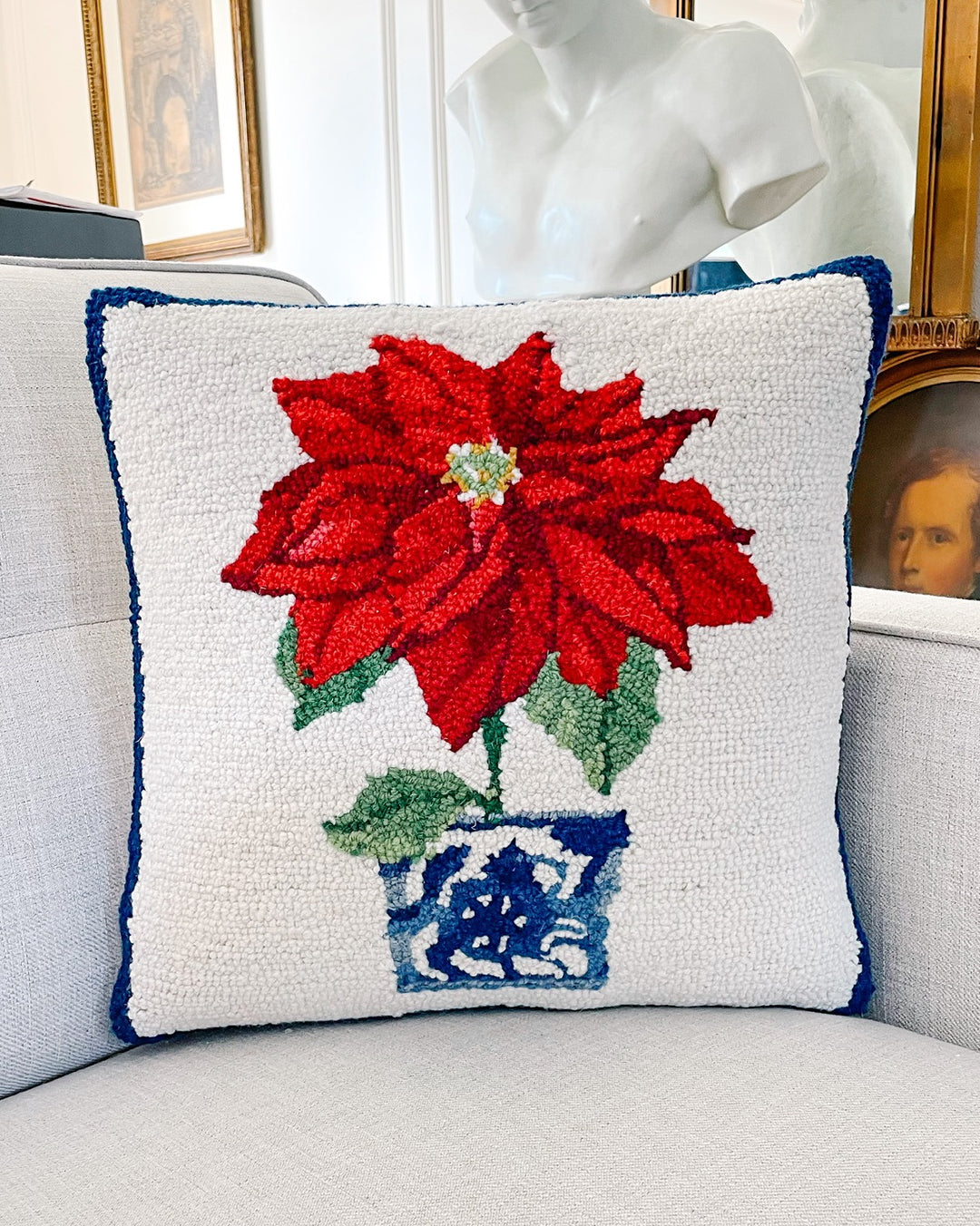 Christmas Poinsettia Wool Hooked Pillow