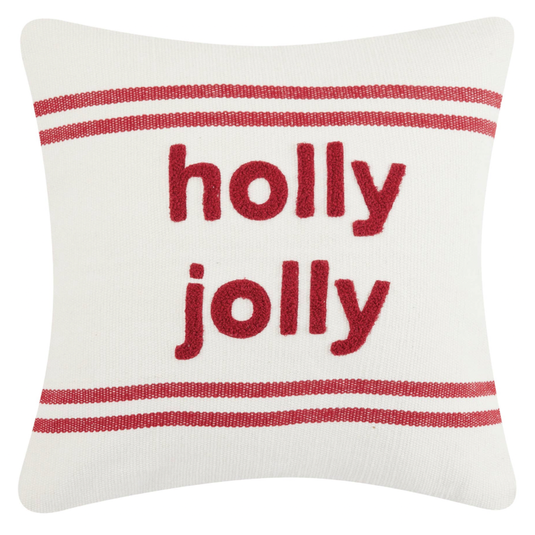 Holly Jolly Red Stripe Boucle Embroidered Christmas Pillow