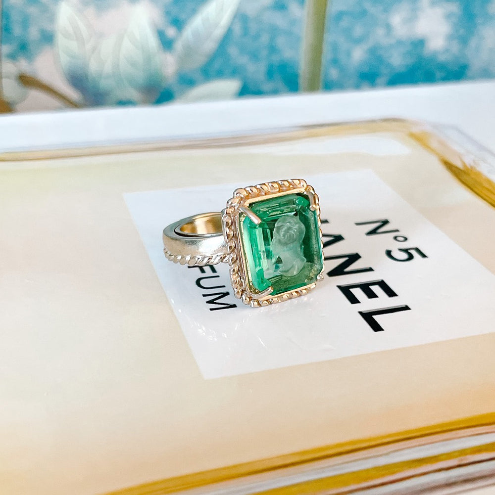 Italian Bronze Small Octagonal Cocktail Ring With Green Murano Intaglio