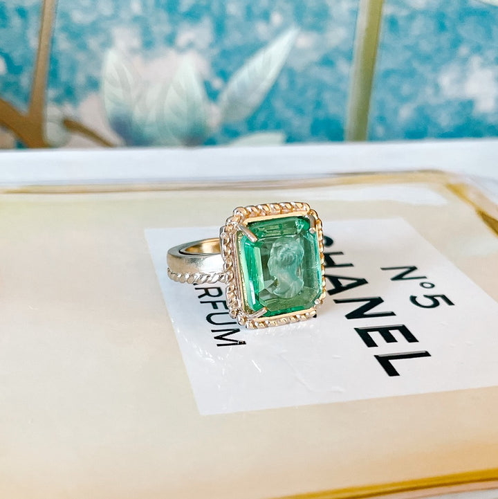 Italian Bronze Small Octagonal Cocktail Ring With Green Murano Intaglio