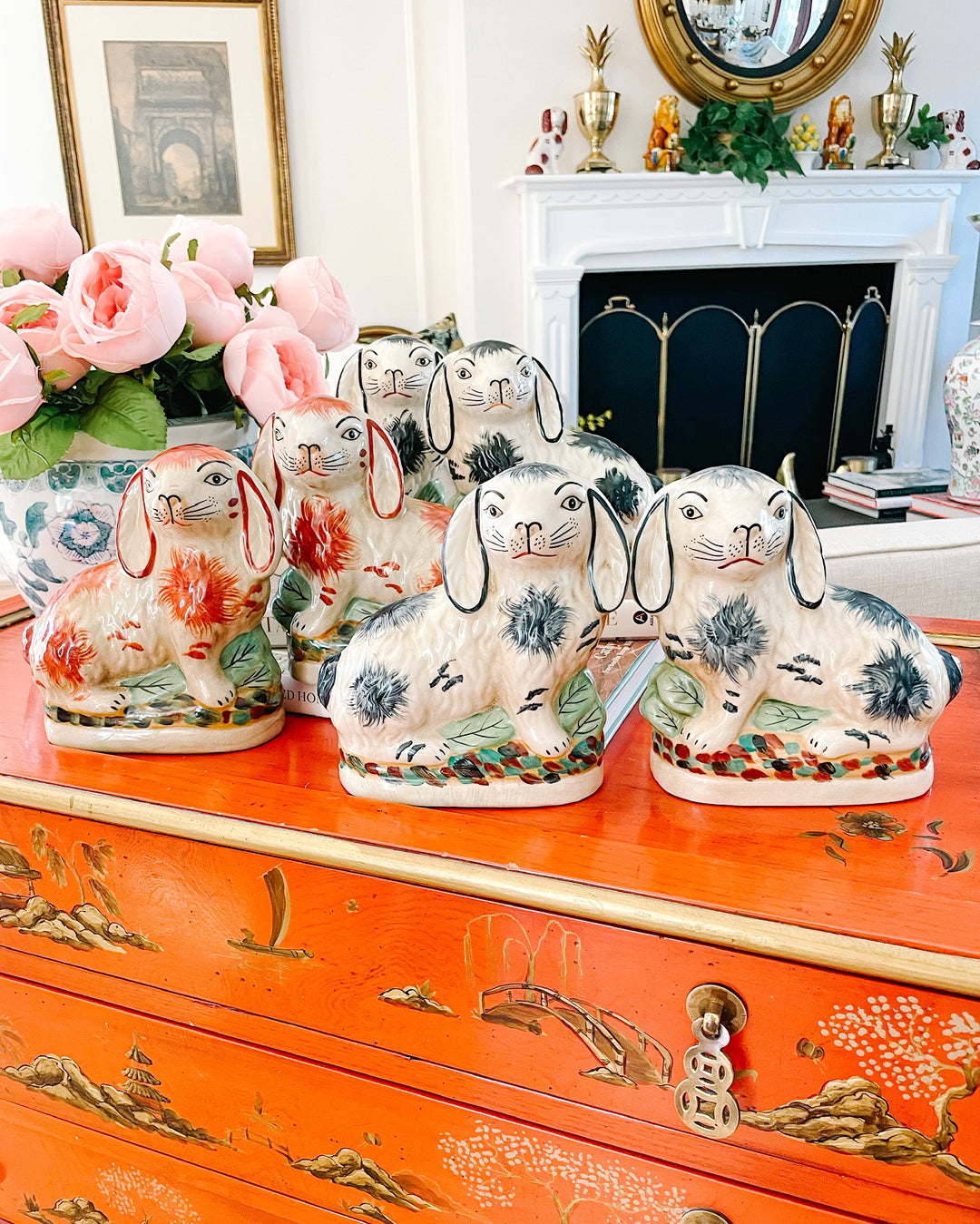 Staffordshire Style Blue and White Bunny Figurines 
