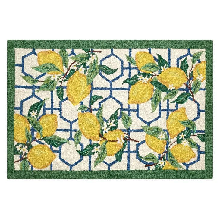 Lemon Vines On Blue Hexagon Trellis Wool Hooked Rug