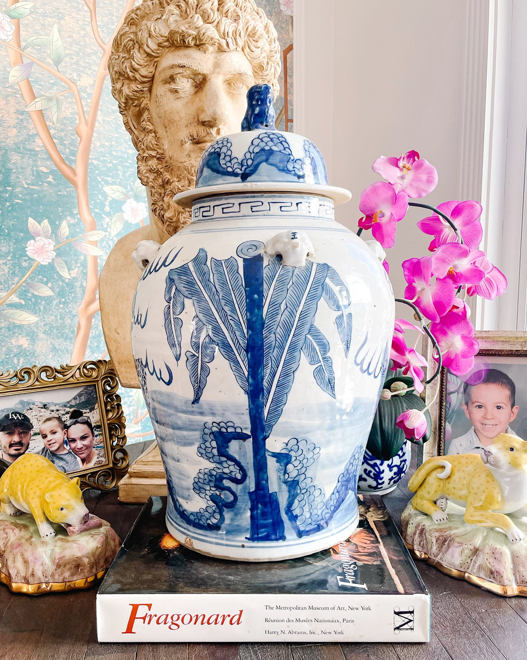 Chinoiserie Blue & White Mythological Qilin Temple Jar