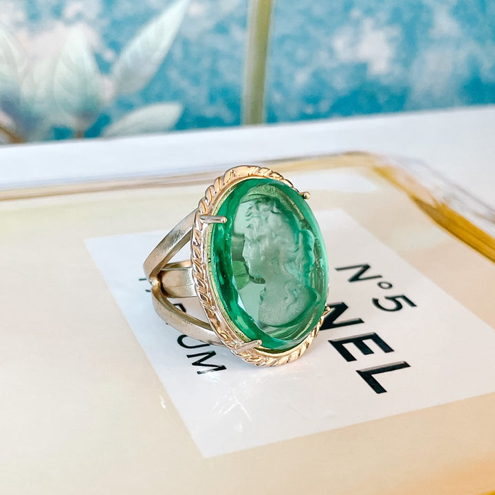 Italian Bronze Oval Cocktail Ring With Green Murano Intaglio