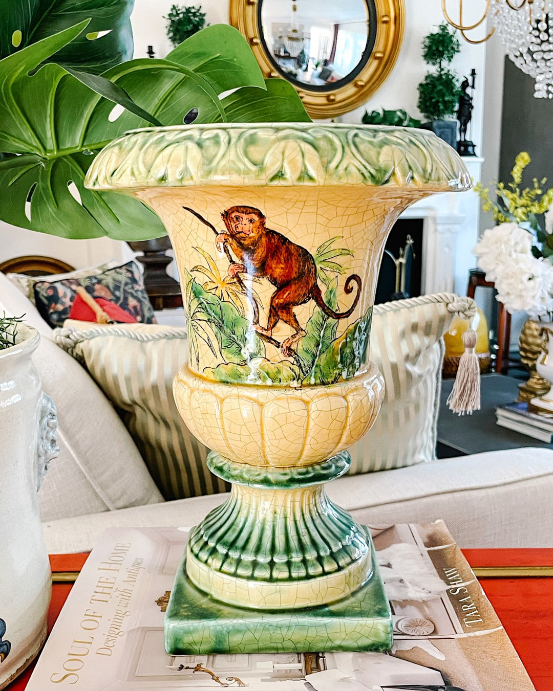 Yellow & Green Majolica Monkey Footed Urn