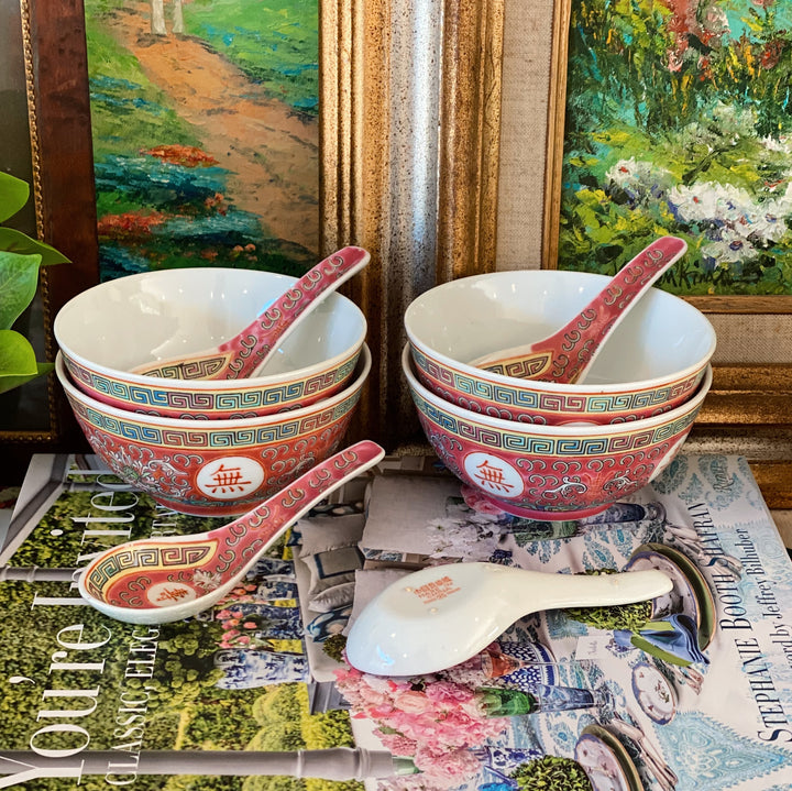 Vintage 1980s Chinese Export Enamel Rice Bowls With Spoons