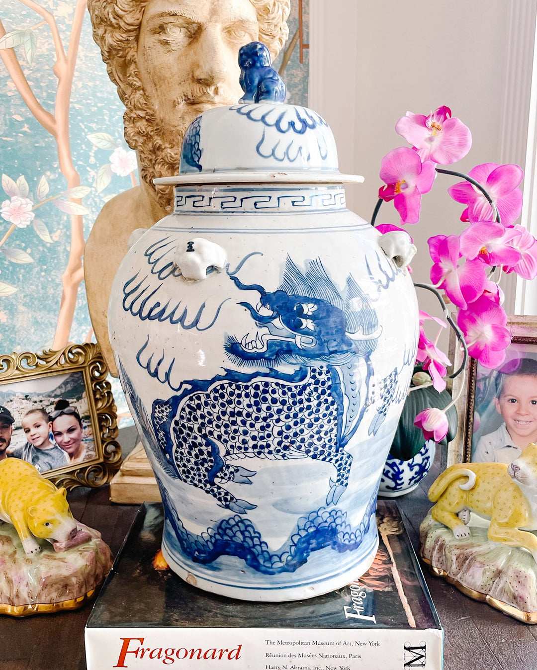 Chinoiserie Blue & White Mythological Qilin Temple Jar