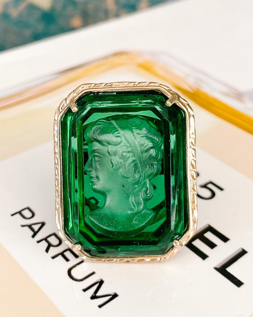 Italian Bronze Octagonal Cocktail Ring With Green Murano Intaglio