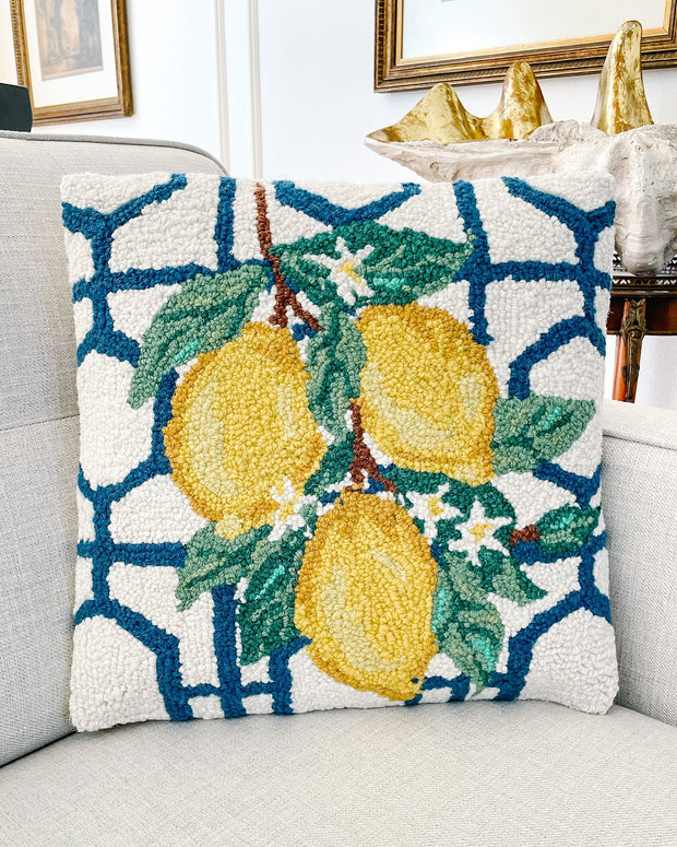 Lemon Vines On Blue Hexagon Trellis Wool Hooked Pillow