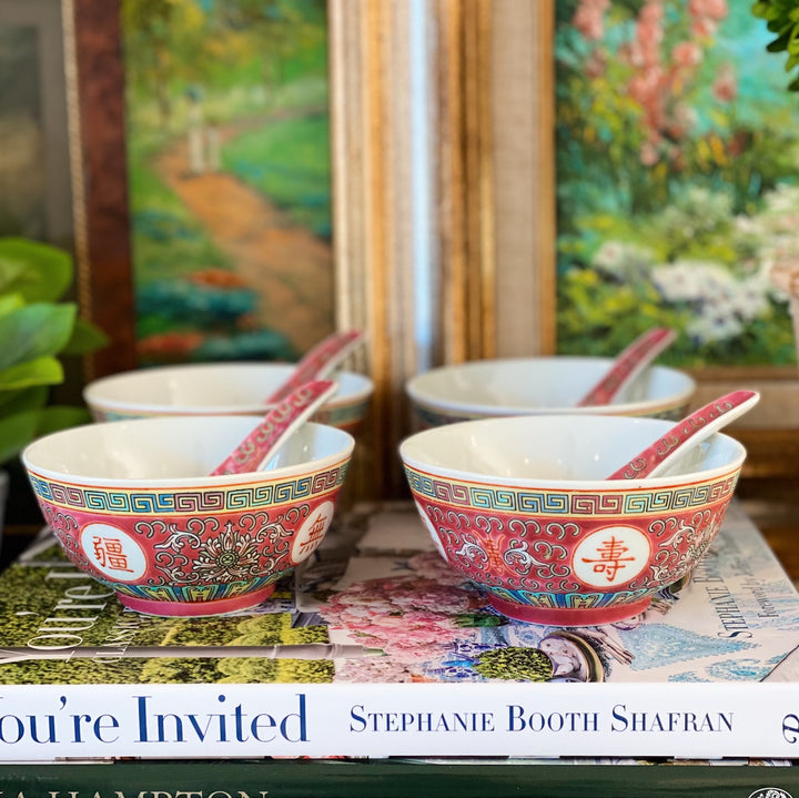 Vintage 1980s Chinese Export Enamel Rice Bowls With Spoons