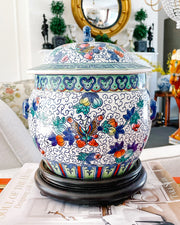Famille Rose Butterfly Rice Jar With Foo Dog Top