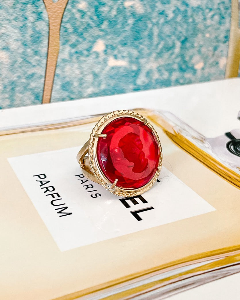 Italian Bronze Round Cocktail Ring With Ruby Red Murano Intaglio