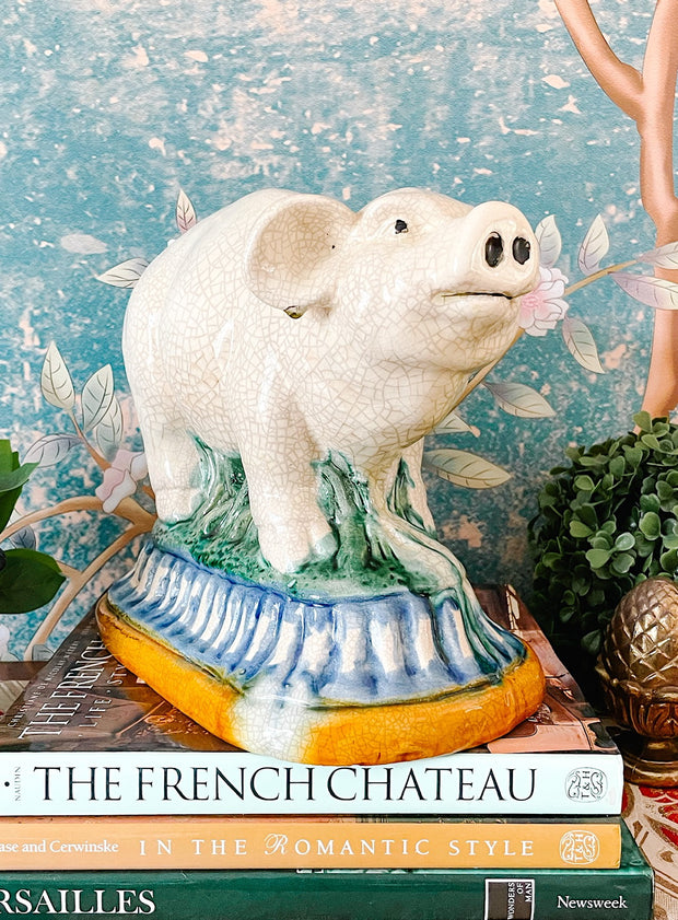 Adorable Large Majolica Pedestal Pig