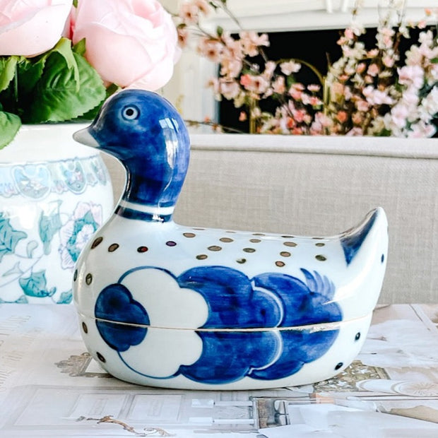 Pair Of Chinese Blue & White Porcelain Duck Boxes
