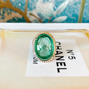 Italian Bronze Oval Cocktail Ring With Green Murano Intaglio