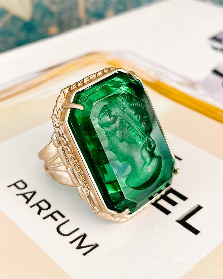 Italian Bronze Octagonal Cocktail Ring With Green Murano Intaglio