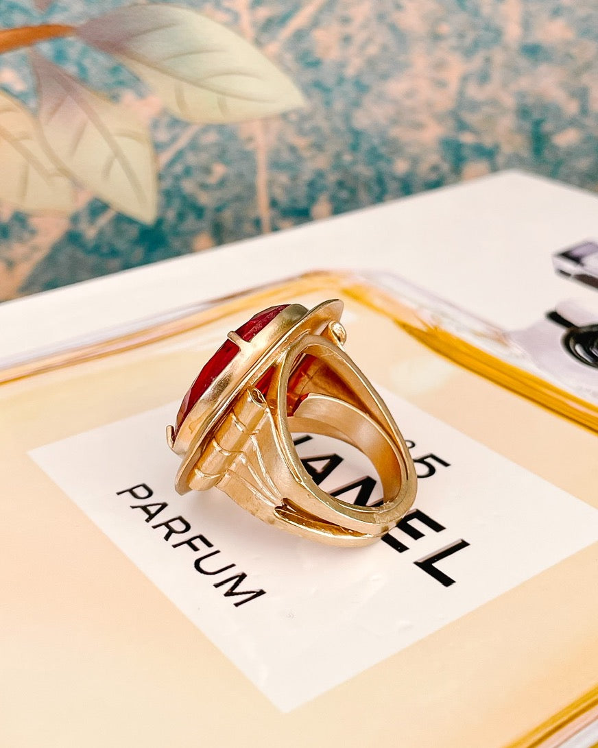 Italian Bronze Round Cocktail Ring With Red Murano Intaglio