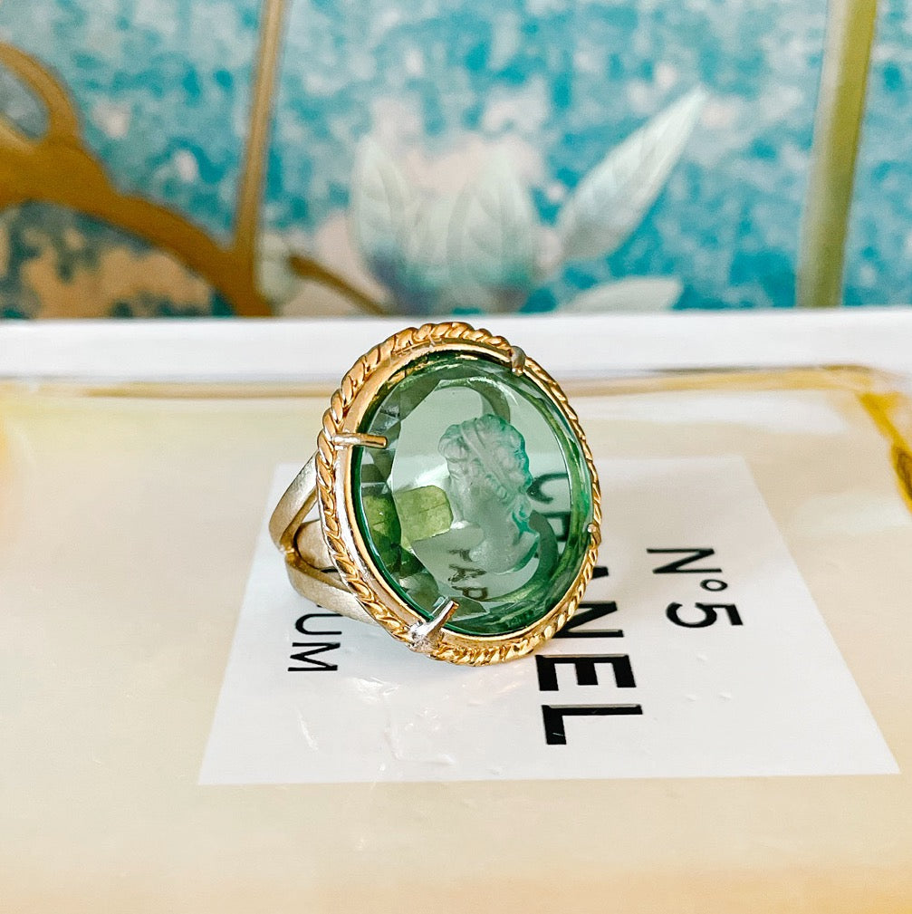 Italian Bronze Round Cocktail Ring With Green Murano Intaglio