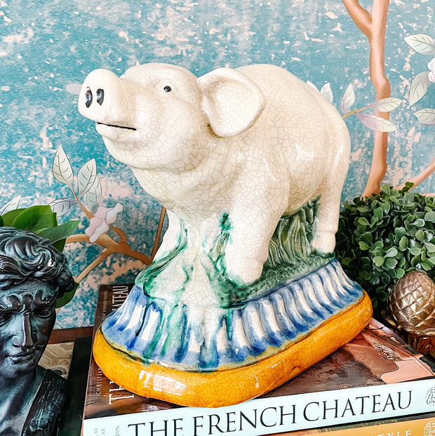 Adorable Large Majolica Pedestal Pig