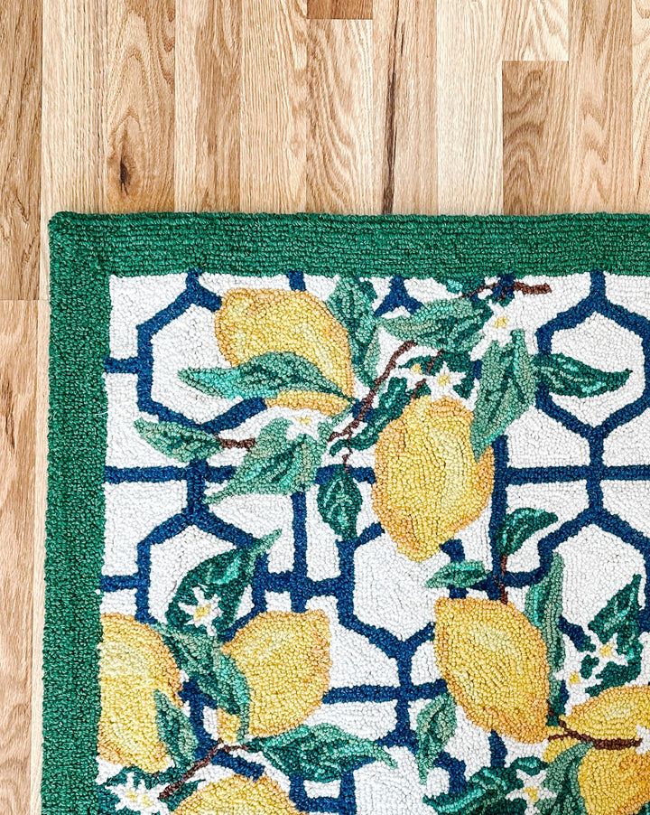 Lemon Vines On Blue Hexagon Trellis Wool Hooked Rug