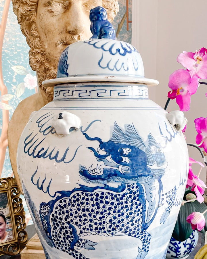 Chinoiserie Blue & White Mythological Qilin Temple Jar