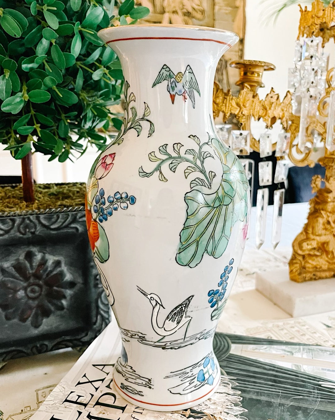 Petite Chinoiserie Water Lily & Cranes Vase