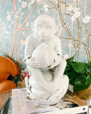 Large 14" White Glazed Porcelain Monkey Holding Peach