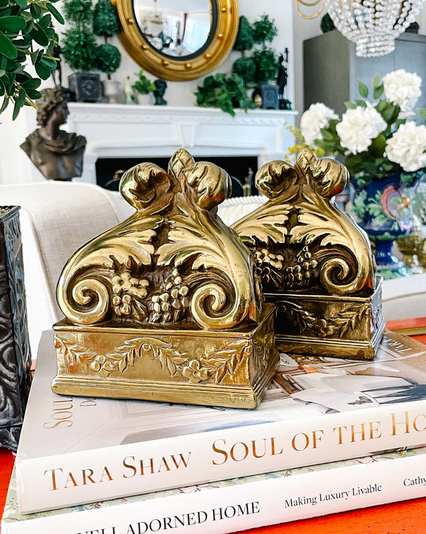 Pair Of Solid Brass Acanthus & Pineapple Bookends