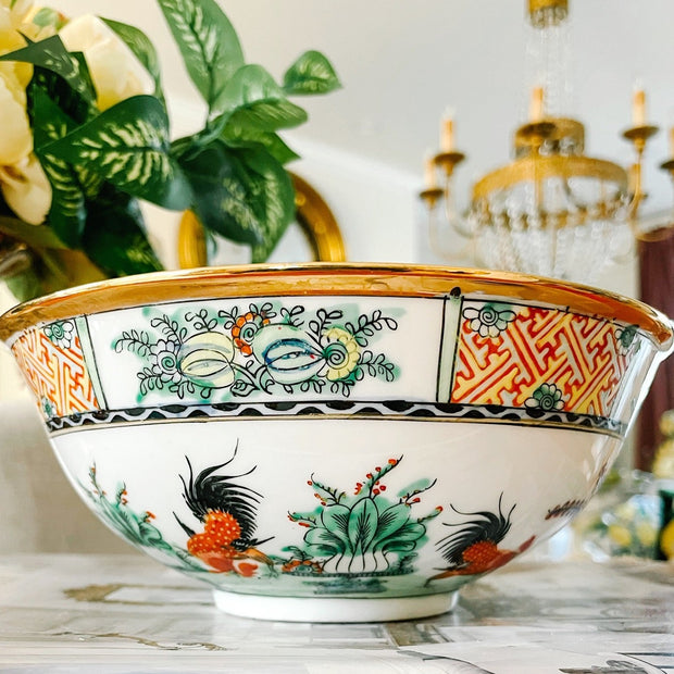 Antique Cantonese Famille Rose Bowl With Rooster Motif