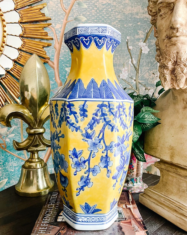 Large Blue & Yellow Hexagonal Chioiserie Vase