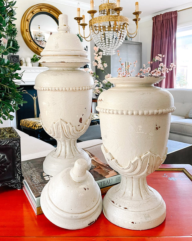 Pair Of Large Distressed Wood Lidded Urns