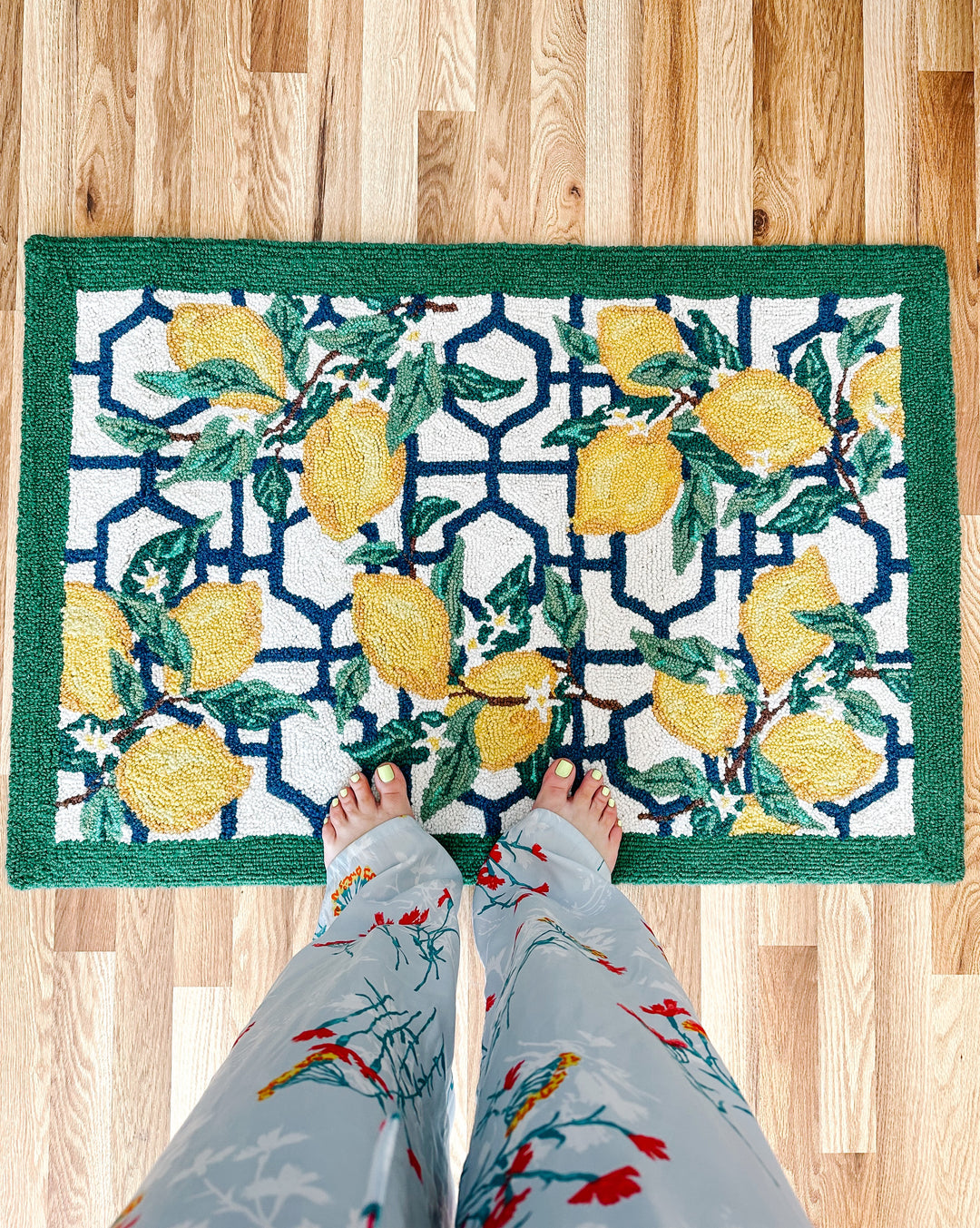 Lemon Vines On Blue Hexagon Trellis Wool Hooked Rug