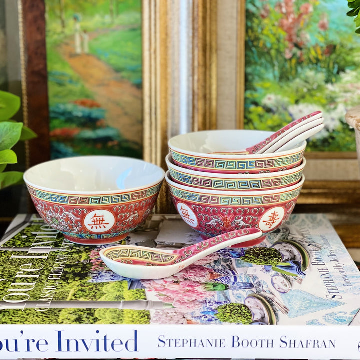 Vintage 1980s Chinese Export Enamel Rice Bowls With Spoons