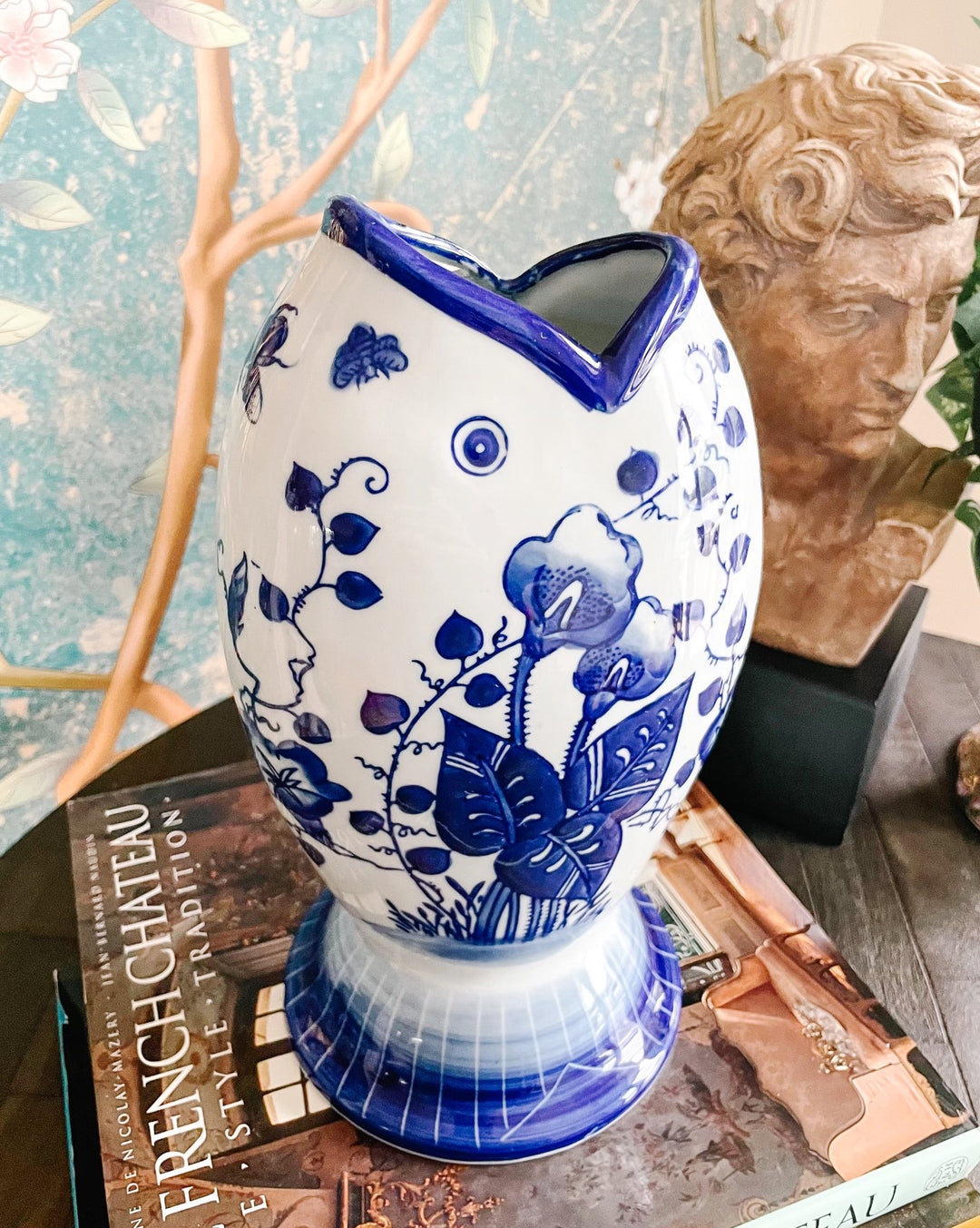 Vintage Blue & White Fish Flower Vase