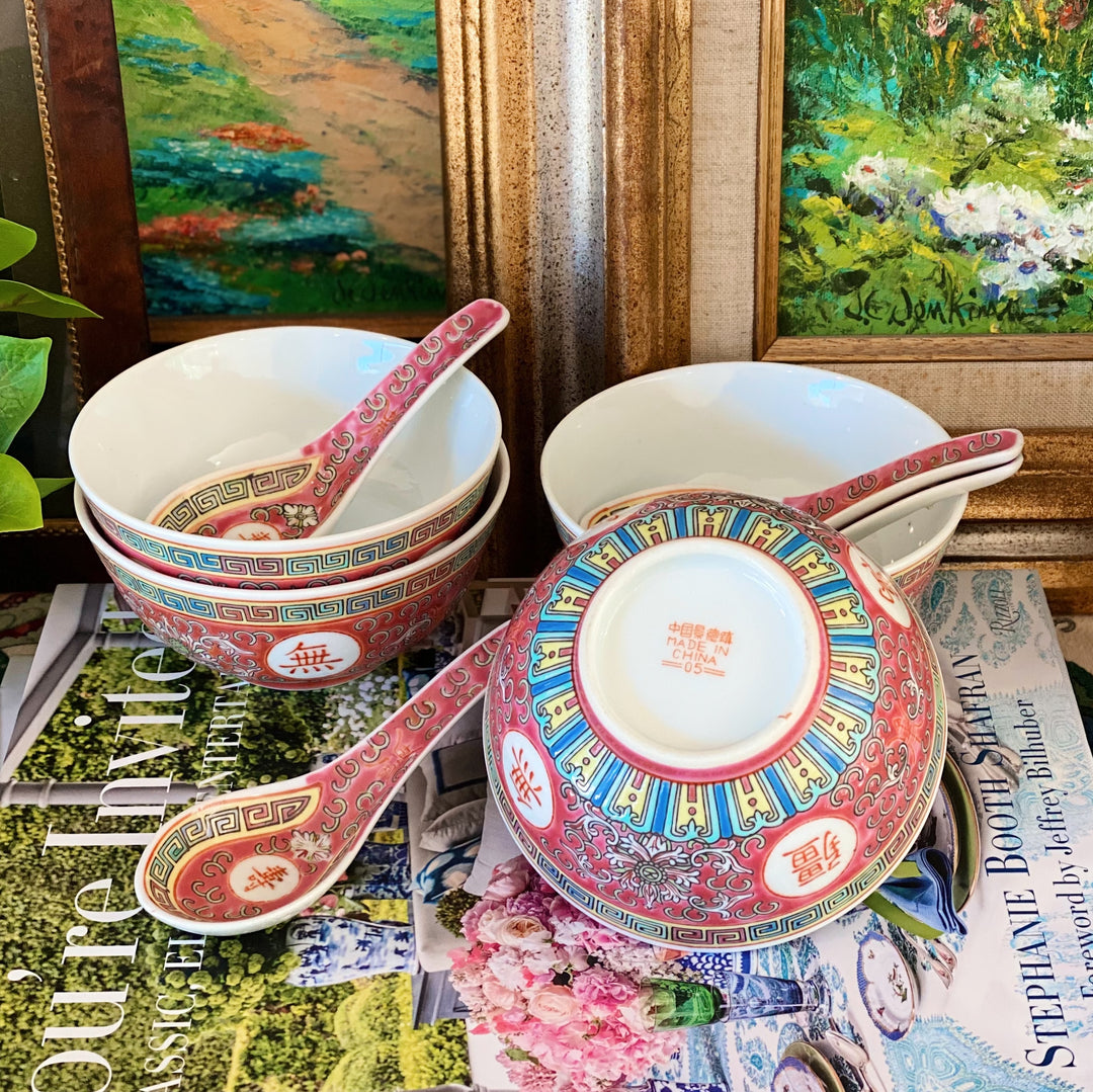 Vintage 1980s Chinese Export Enamel Rice Bowls With Spoons