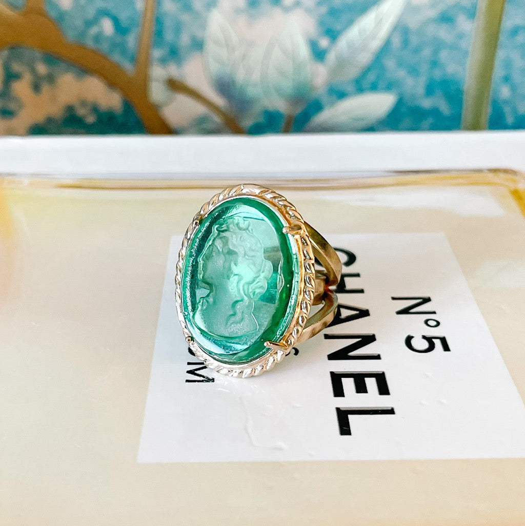 Italian Bronze Oval Cocktail Ring With Green Murano Intaglio