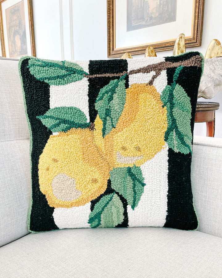 Lemon Branch On Black Vertical Trellis Wool Hooked Pillow