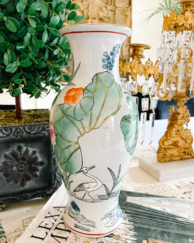 Petite Chinoiserie Water Lily & Cranes Vase
