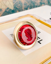 Italian Bronze Round Cocktail Ring With Red Murano Intaglio