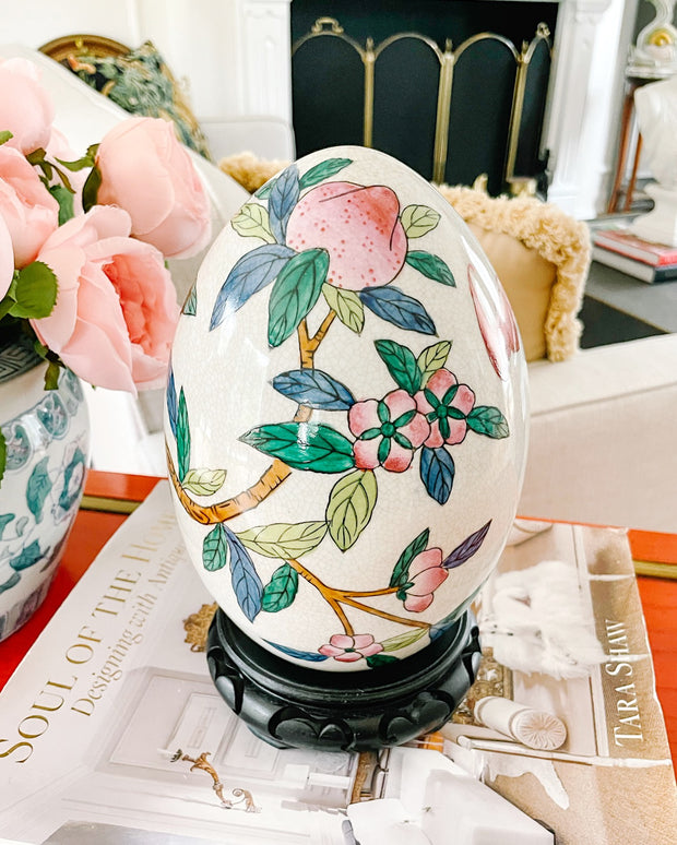 Large Chinese Peach Tree Porcelain Egg With Stand