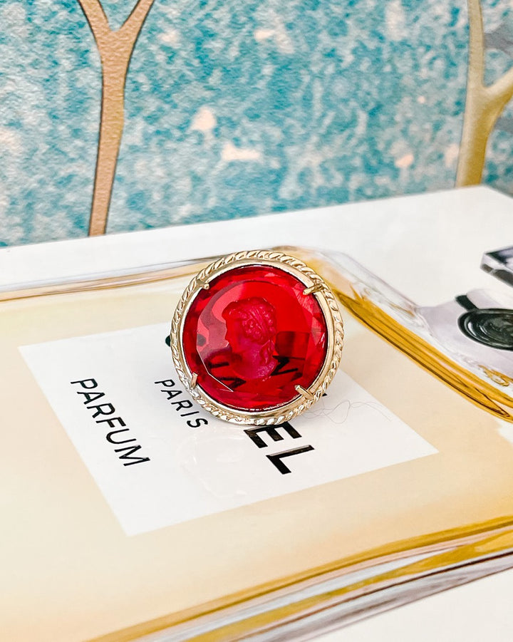 Italian Bronze Round Cocktail Ring With Ruby Red Murano Intaglio